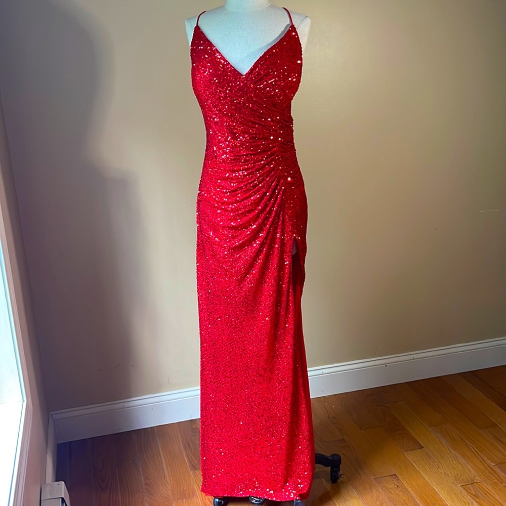 CINDERELLA Divine Sequin Gown Dress Red Slit Spaghetti Straps Plus Size 2XL Prom
